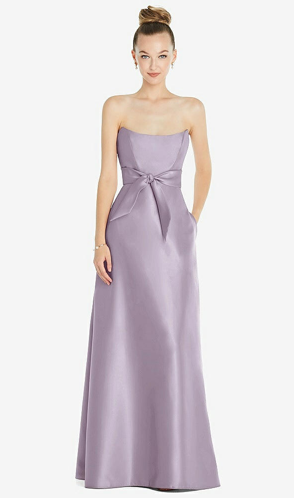 Front View - Lilac Haze Basque-Neck Strapless Satin Gown with Mini Sash