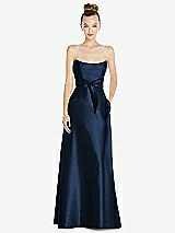 Front View Thumbnail - Midnight Navy Basque-Neck Strapless Satin Gown with Mini Sash