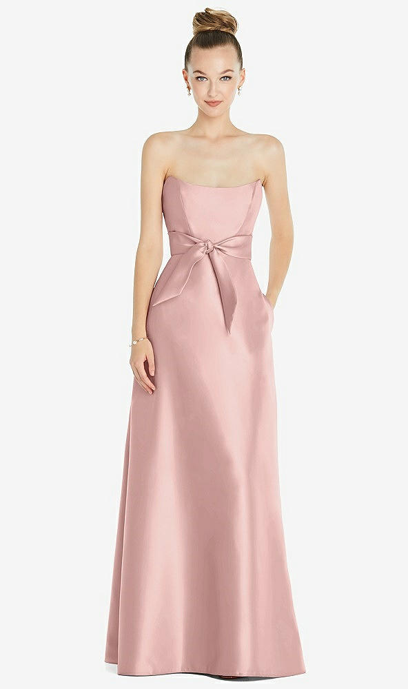 Front View - Rose - PANTONE Rose Quartz Basque-Neck Strapless Satin Gown with Mini Sash