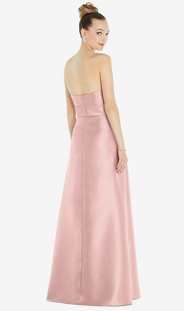 Back View - Rose - PANTONE Rose Quartz Basque-Neck Strapless Satin Gown with Mini Sash