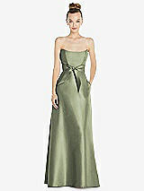 Front View Thumbnail - Sage Basque-Neck Strapless Satin Gown with Mini Sash