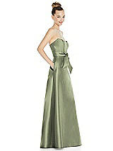 Side View Thumbnail - Sage Basque-Neck Strapless Satin Gown with Mini Sash