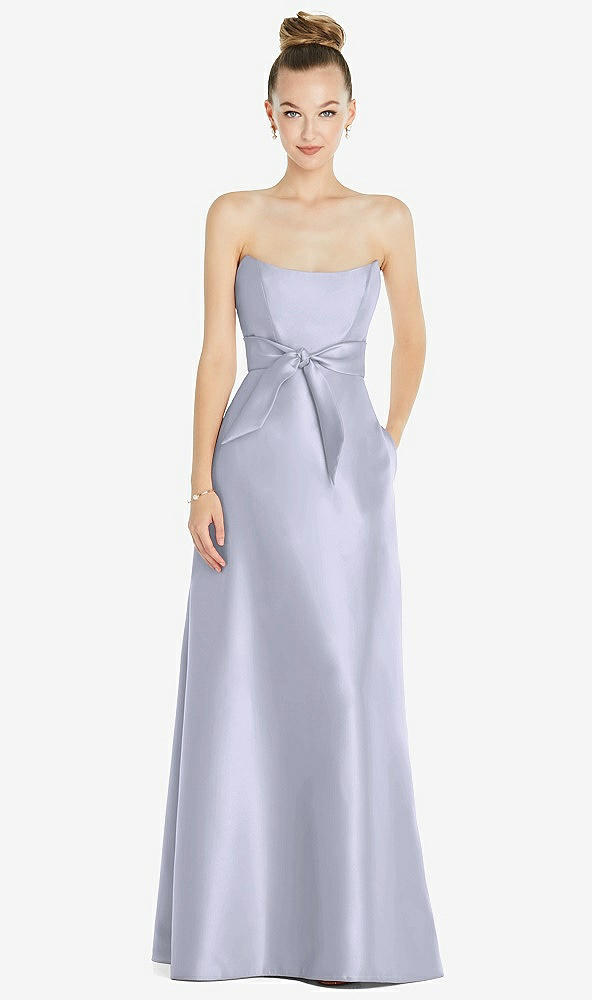 Front View - Silver Dove Basque-Neck Strapless Satin Gown with Mini Sash