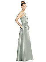 Side View Thumbnail - Willow Green Basque-Neck Strapless Satin Gown with Mini Sash