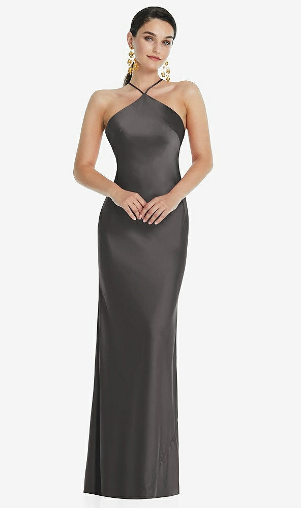 Front View - Caviar Gray Diamond Halter Bias Maxi Slip Dress with Convertible Straps