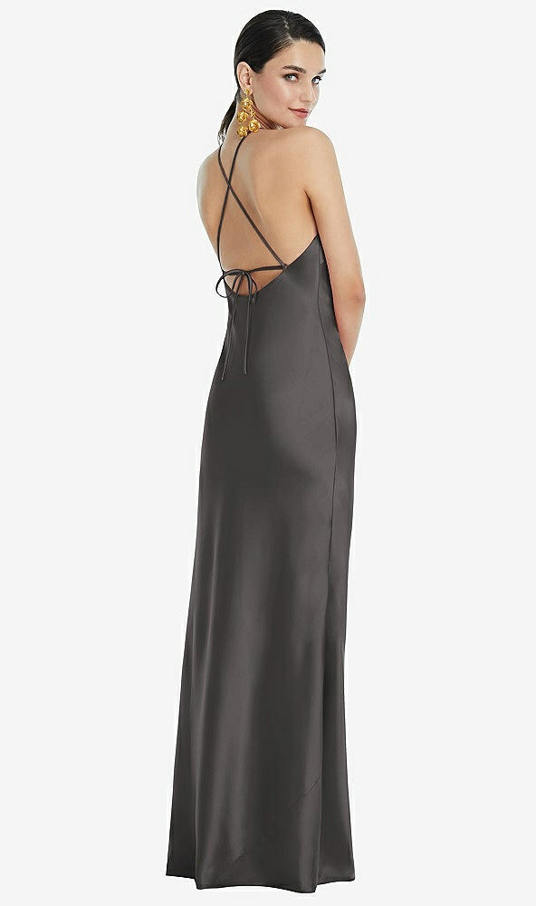 Back View - Caviar Gray Diamond Halter Bias Maxi Slip Dress with Convertible Straps