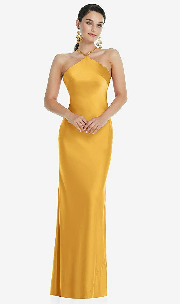 Front View - NYC Yellow Diamond Halter Bias Maxi Slip Dress with Convertible Straps