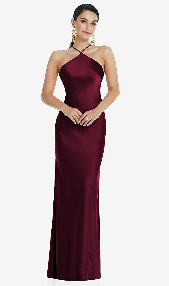 Front View - Cabernet Diamond Halter Bias Maxi Slip Dress with Convertible Straps