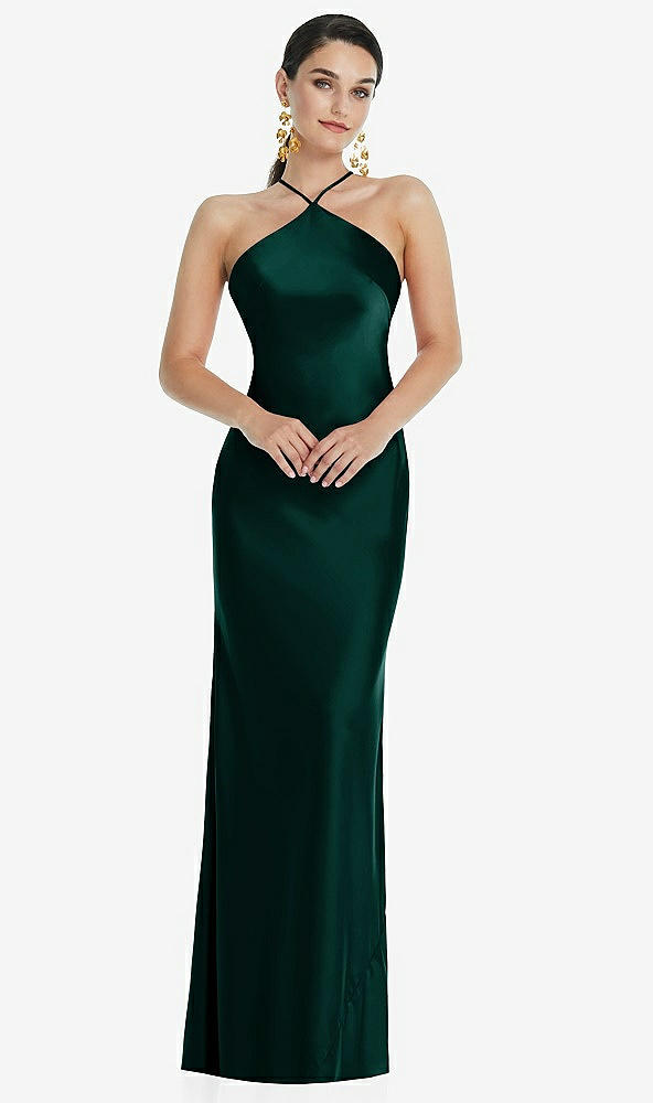 Front View - Evergreen Diamond Halter Bias Maxi Slip Dress with Convertible Straps