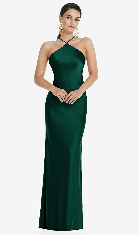 Front View - Hunter Green Diamond Halter Bias Maxi Slip Dress with Convertible Straps