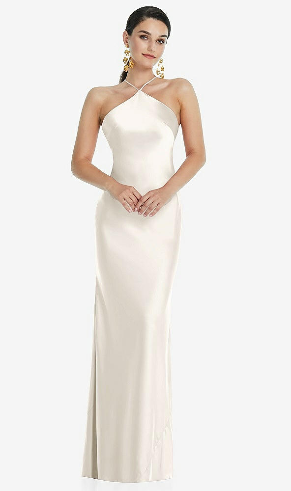 Front View - Ivory Diamond Halter Bias Maxi Slip Dress with Convertible Straps