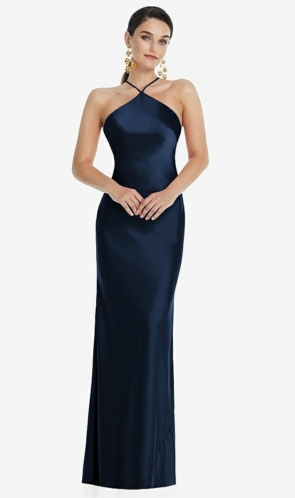 Front View - Midnight Navy Diamond Halter Bias Maxi Slip Dress with Convertible Straps