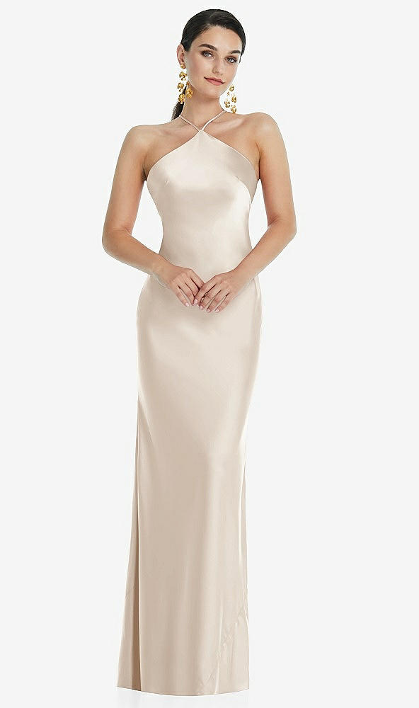 Front View - Oat Diamond Halter Bias Maxi Slip Dress with Convertible Straps