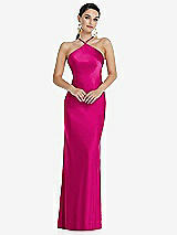 Front View Thumbnail - Think Pink Diamond Halter Bias Maxi Slip Dress with Convertible Straps