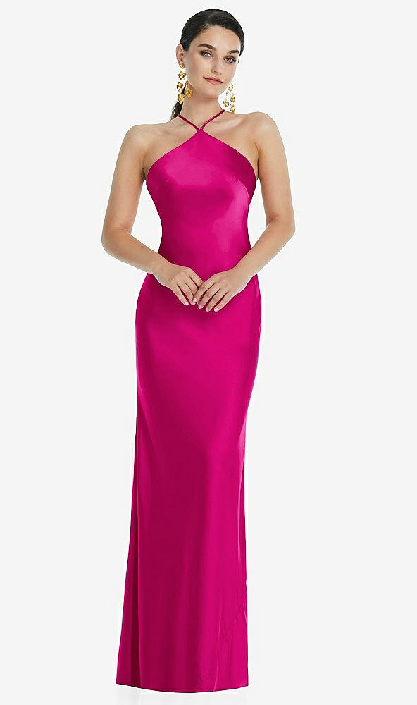 Front View - Think Pink Diamond Halter Bias Maxi Slip Dress with Convertible Straps