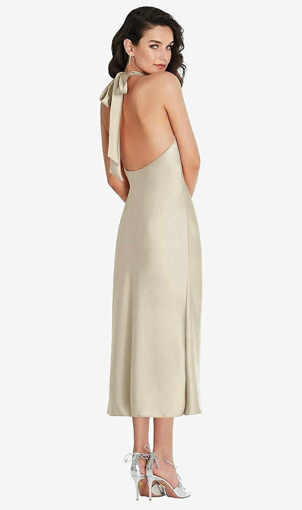 Back View - Champagne Scarf Tie High-Neck Halter Midi Slip Dress