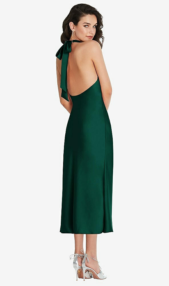 Back View - Hunter Green Scarf Tie High-Neck Halter Midi Slip Dress