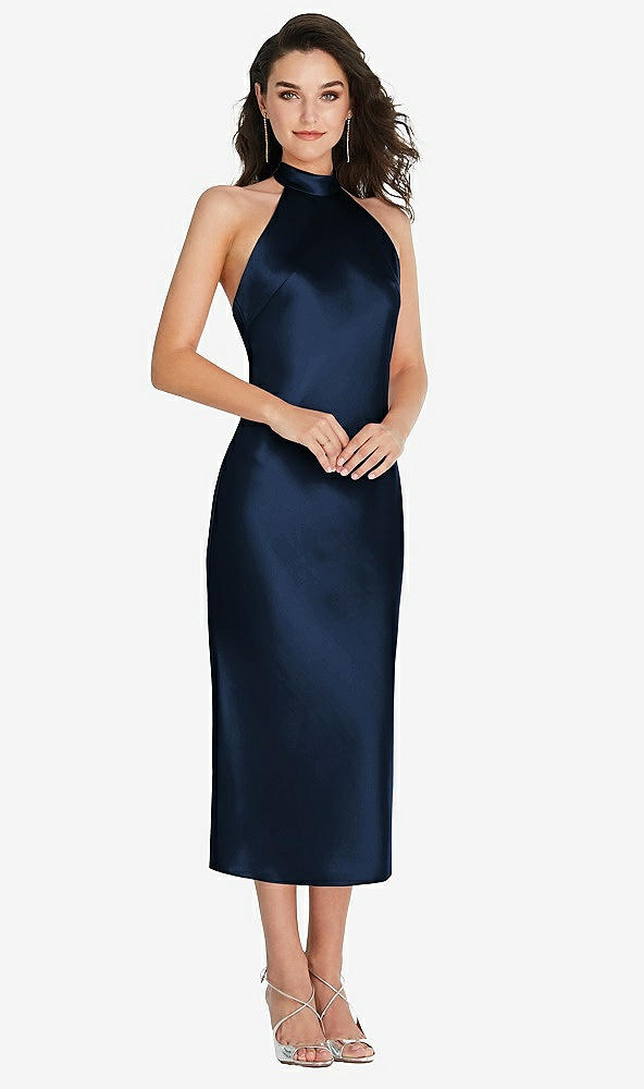 Front View - Midnight Navy Scarf Tie High-Neck Halter Midi Slip Dress