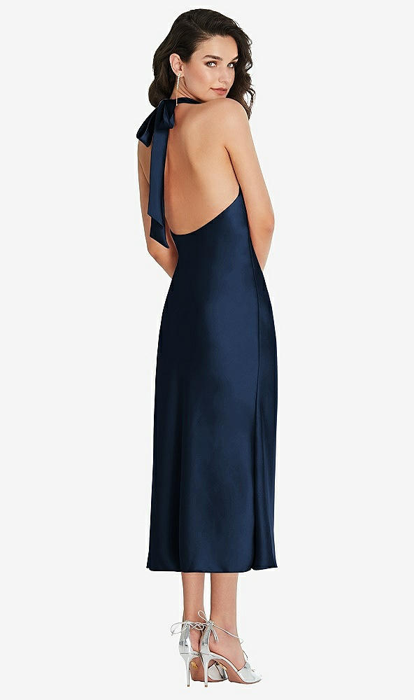 Back View - Midnight Navy Scarf Tie High-Neck Halter Midi Slip Dress