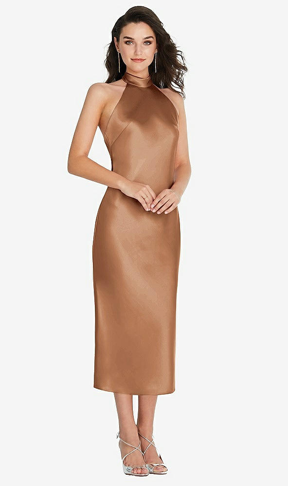 Front View - Toffee Scarf Tie High-Neck Halter Midi Slip Dress