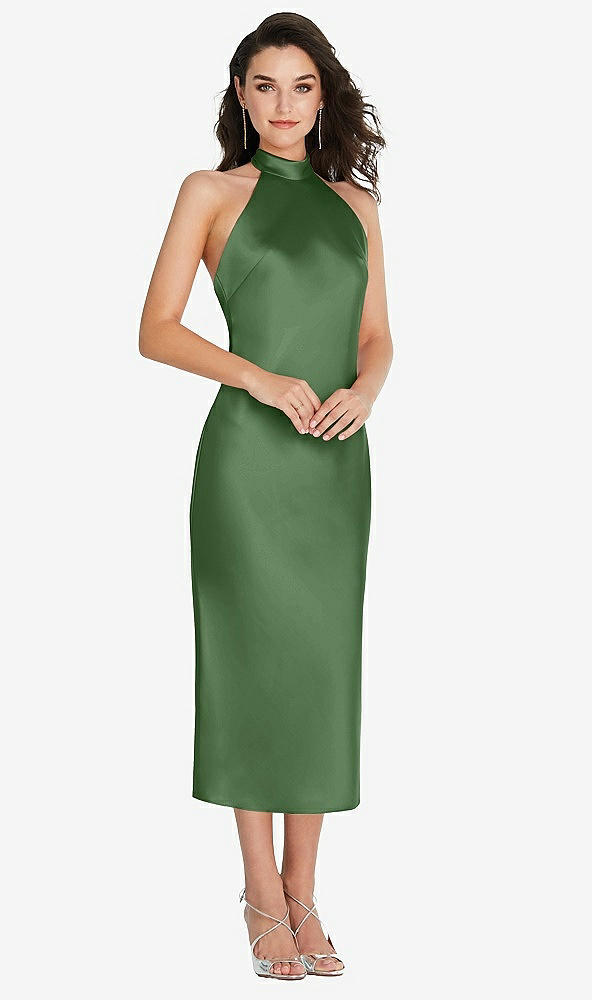 Front View - Vineyard Green Scarf Tie High-Neck Halter Midi Slip Dress