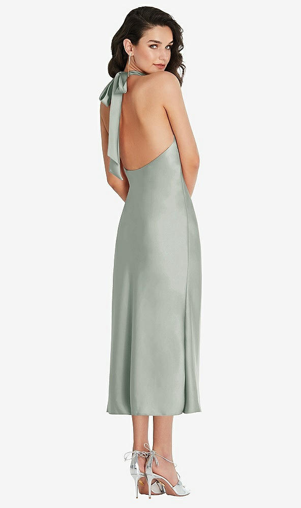 Back View - Willow Green Scarf Tie High-Neck Halter Midi Slip Dress