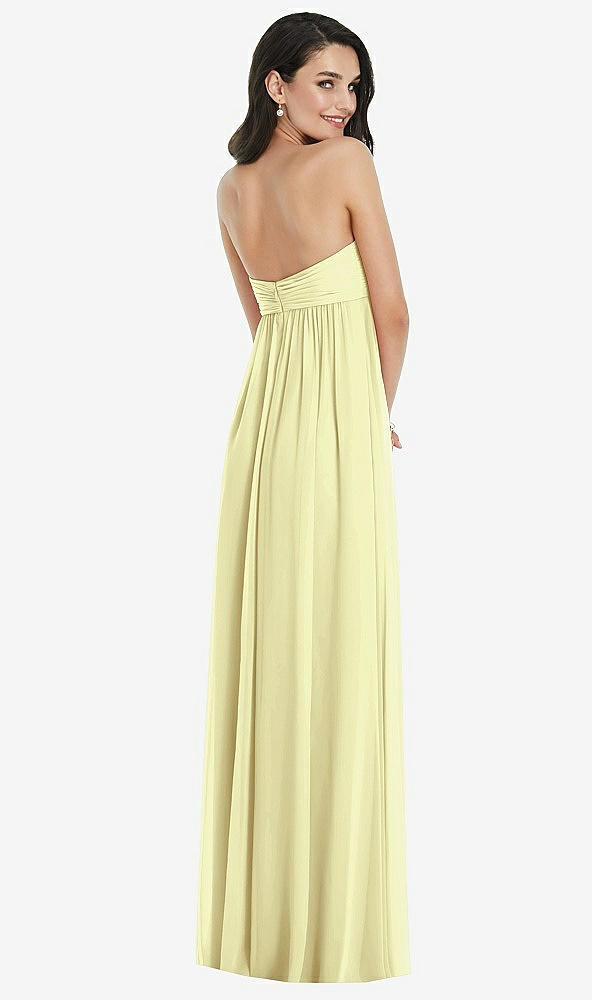 Back View - Butter Yellow Twist Shirred Strapless Empire Waist Gown with Optional Straps