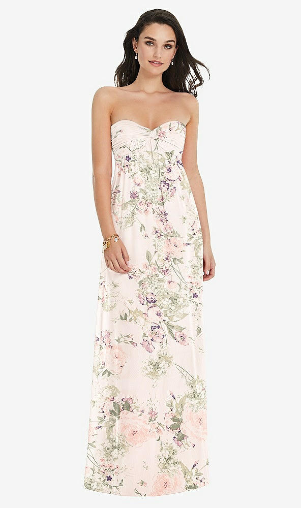 Front View - Blush Garden Twist Shirred Strapless Empire Waist Gown with Optional Straps