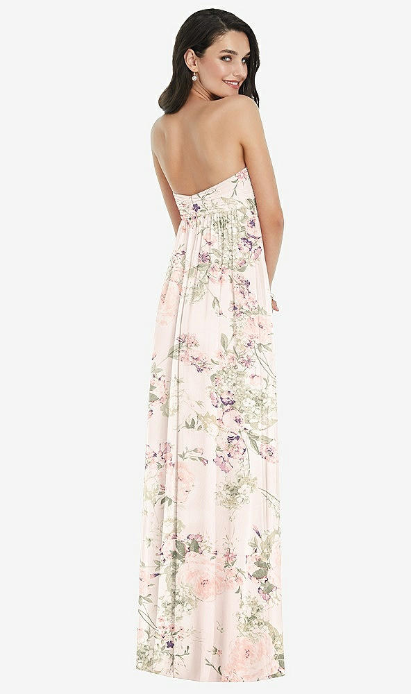 Back View - Blush Garden Twist Shirred Strapless Empire Waist Gown with Optional Straps