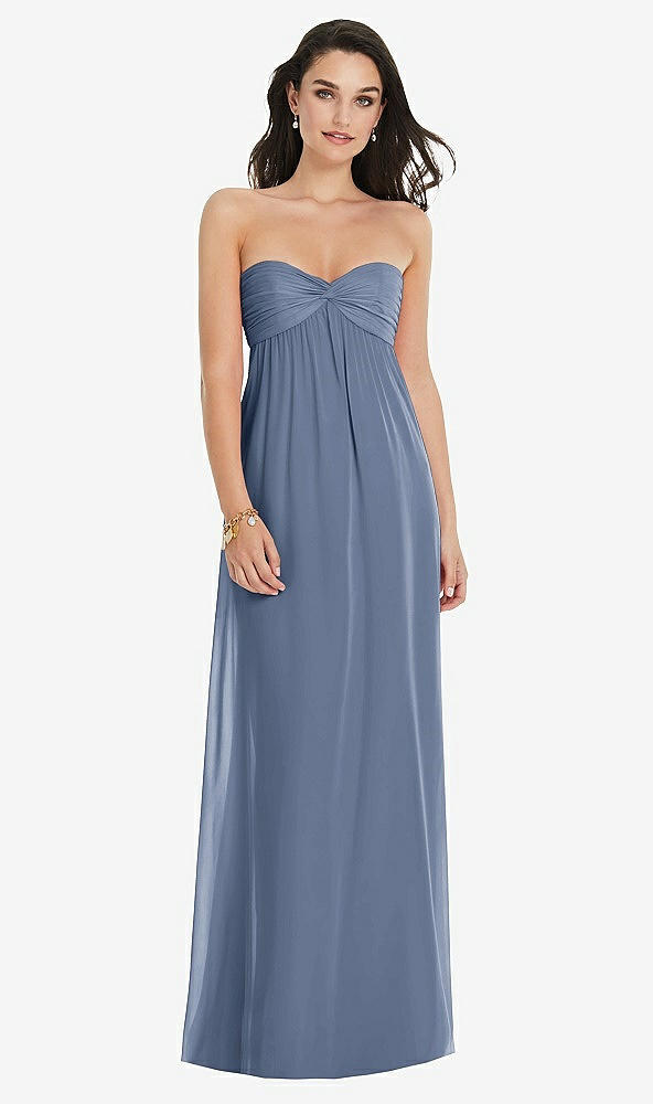 Front View - Larkspur Blue Twist Shirred Strapless Empire Waist Gown with Optional Straps