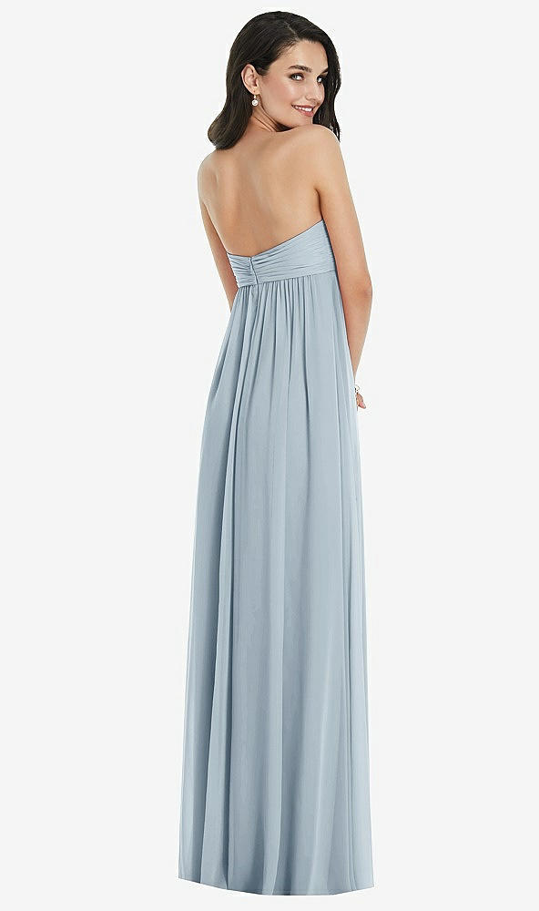 Back View - Mist Twist Shirred Strapless Empire Waist Gown with Optional Straps