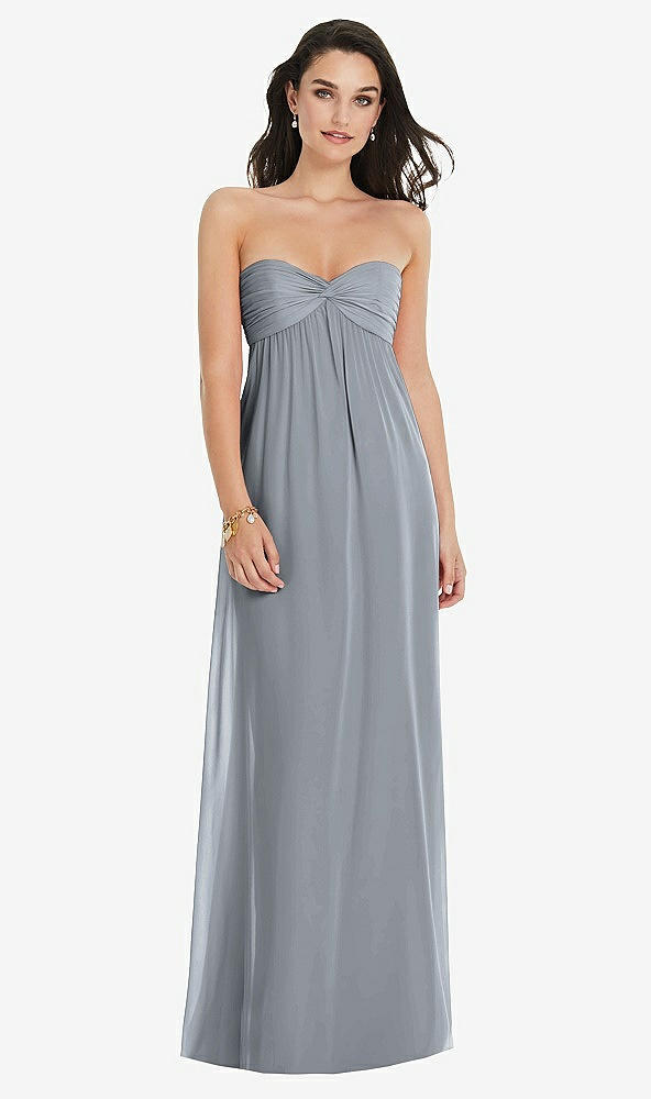 Front View - Platinum Twist Shirred Strapless Empire Waist Gown with Optional Straps