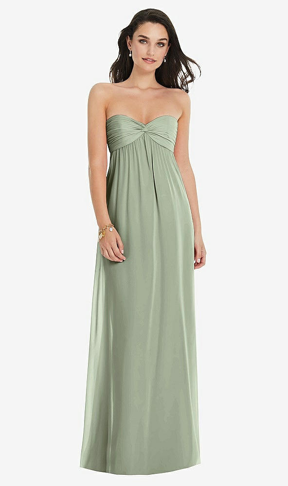 Front View - Sage Twist Shirred Strapless Empire Waist Gown with Optional Straps