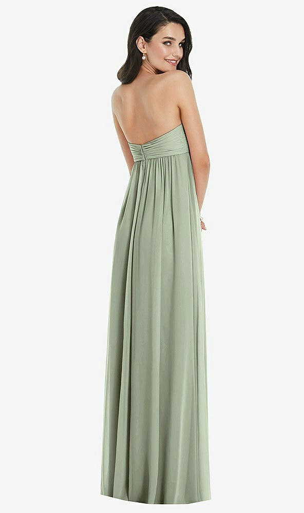 Back View - Sage Twist Shirred Strapless Empire Waist Gown with Optional Straps