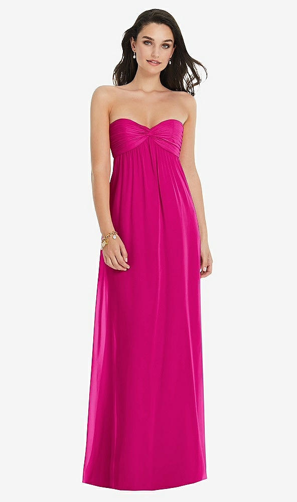 Front View - Think Pink Twist Shirred Strapless Empire Waist Gown with Optional Straps