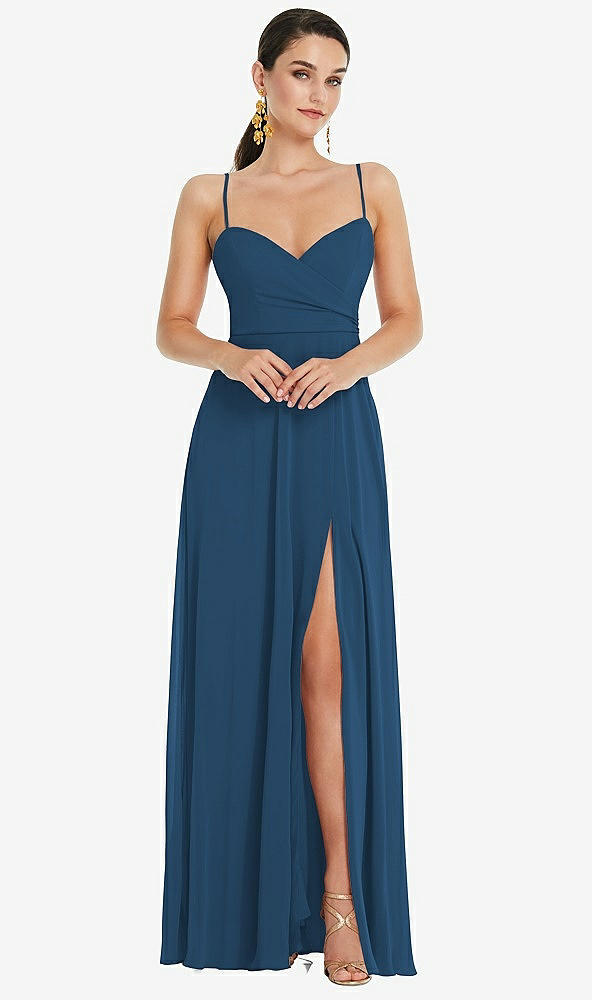 Front View - Dusk Blue Adjustable Strap Wrap Bodice Maxi Dress with Front Slit 