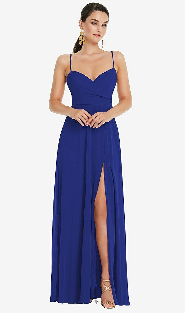 Front View - Cobalt Blue Adjustable Strap Wrap Bodice Maxi Dress with Front Slit 