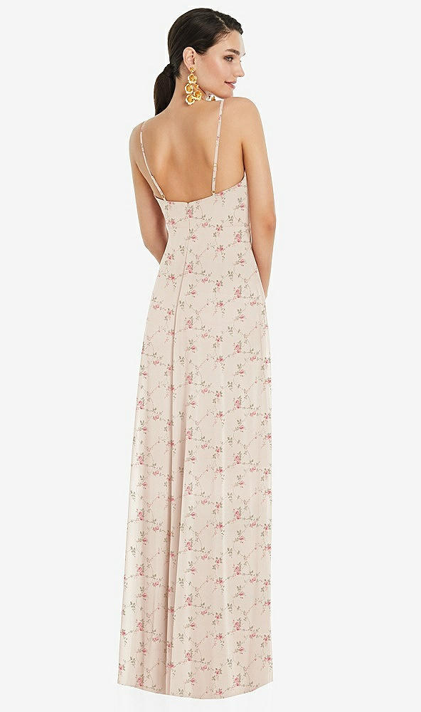 Back View - Coquette Floral Print Adjustable Strap Wrap Bodice Maxi Dress with Front Slit 