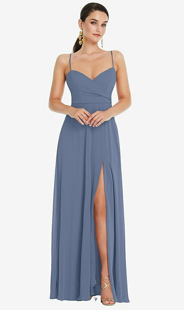 Front View - Larkspur Blue Adjustable Strap Wrap Bodice Maxi Dress with Front Slit 