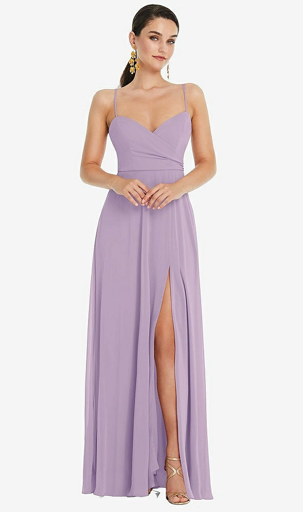 Front View - Pale Purple Adjustable Strap Wrap Bodice Maxi Dress with Front Slit 