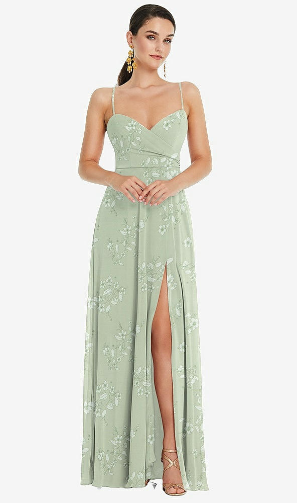 Front View - Vintage Primrose Sage Adjustable Strap Wrap Bodice Maxi Dress with Front Slit 