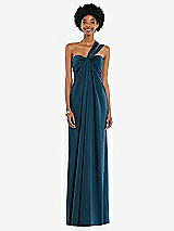 Alt View 7 Thumbnail - Atlantic Blue Draped Satin Grecian Column Gown with Convertible Straps