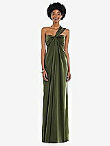 Alt View 7 Thumbnail - Olive Green Draped Satin Grecian Column Gown with Convertible Straps