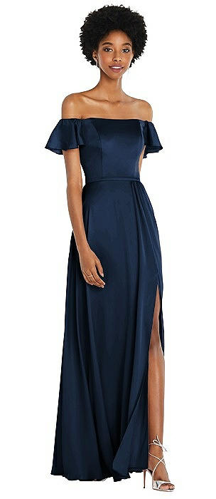 Straight-Neck Ruffled Off-the-Shoulder Satin Maxi Dress