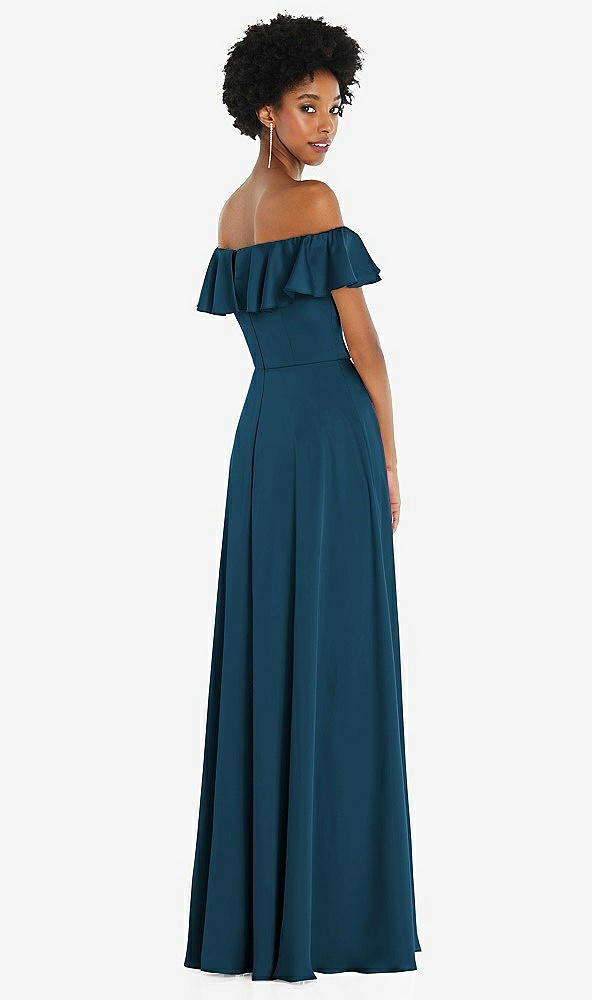 Back View - Atlantic Blue Straight-Neck Ruffled Off-the-Shoulder Satin Maxi Dress