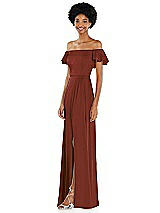 Side View Thumbnail - Auburn Moon Straight-Neck Ruffled Off-the-Shoulder Satin Maxi Dress