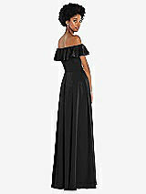 Rear View Thumbnail - Black Straight-Neck Ruffled Off-the-Shoulder Satin Maxi Dress