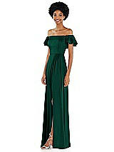 Side View Thumbnail - Hunter Green Straight-Neck Ruffled Off-the-Shoulder Satin Maxi Dress