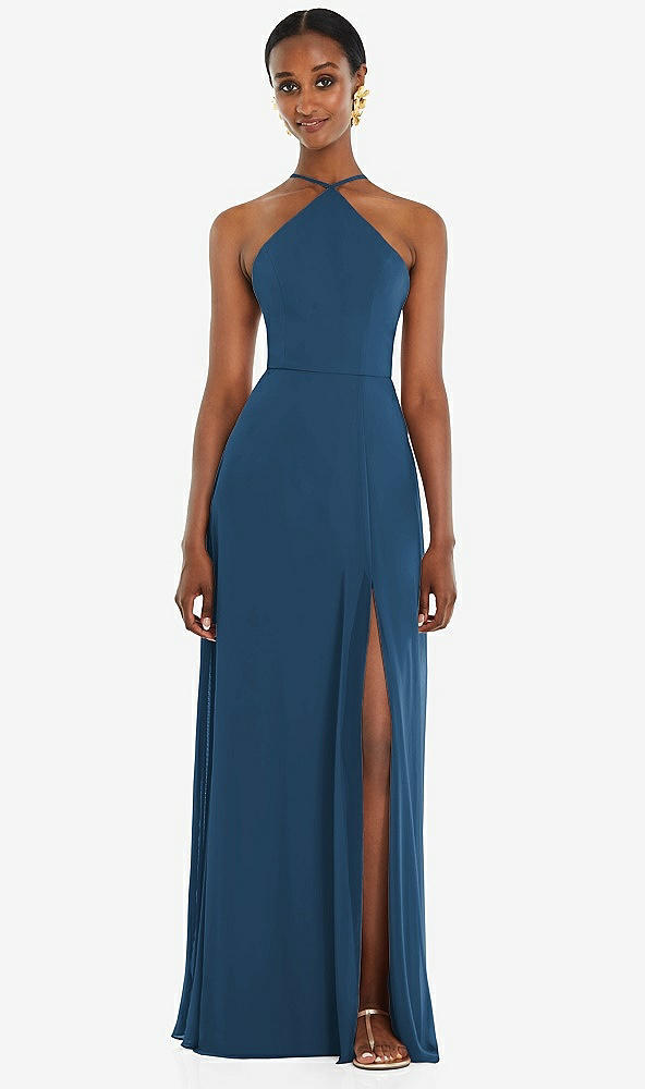 Front View - Dusk Blue Diamond Halter Maxi Dress with Adjustable Straps