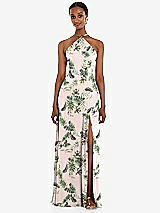 Front View Thumbnail - Palm Beach Print Diamond Halter Maxi Dress with Adjustable Straps